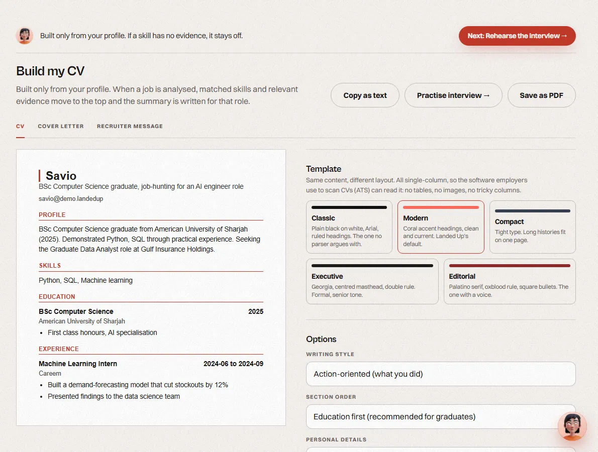 CV built from the profile with template choices
